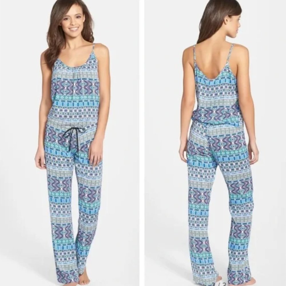 Red Carter Boho Jumpsuit Swim Cover Up Blue Moroccan